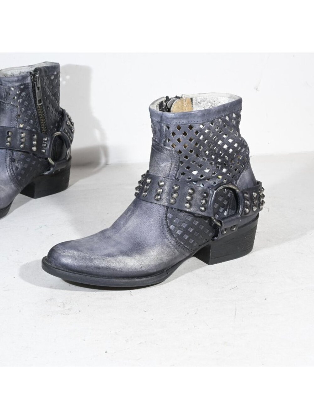 Black Leather Studded Harness Ankle Boots Cutout Shaft Inside Zip Distressed Got